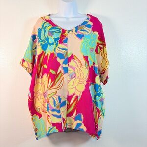 Haptics Vibrant Floral Short Sleeve V-neck 100% Rayon Blouse SzM Resortwear